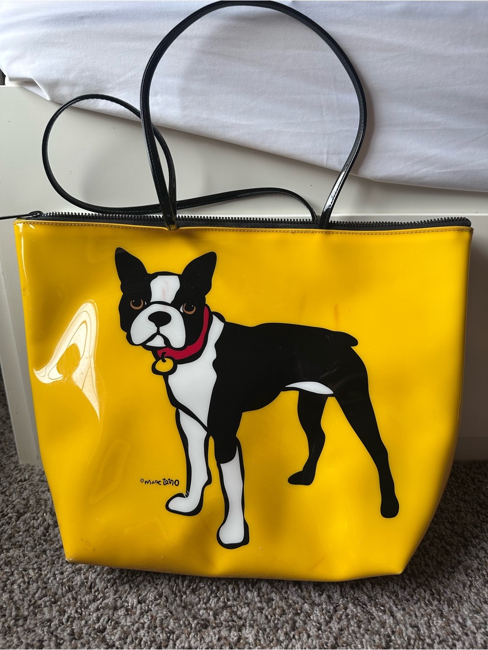 Yellow Dog-Print Tote Bag with Black Handles